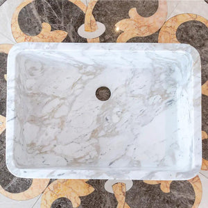 European Sugar Marble rectangular farmhouse sink by Villohome, white marble with gray veining, 12.5W x 18L x 5H in