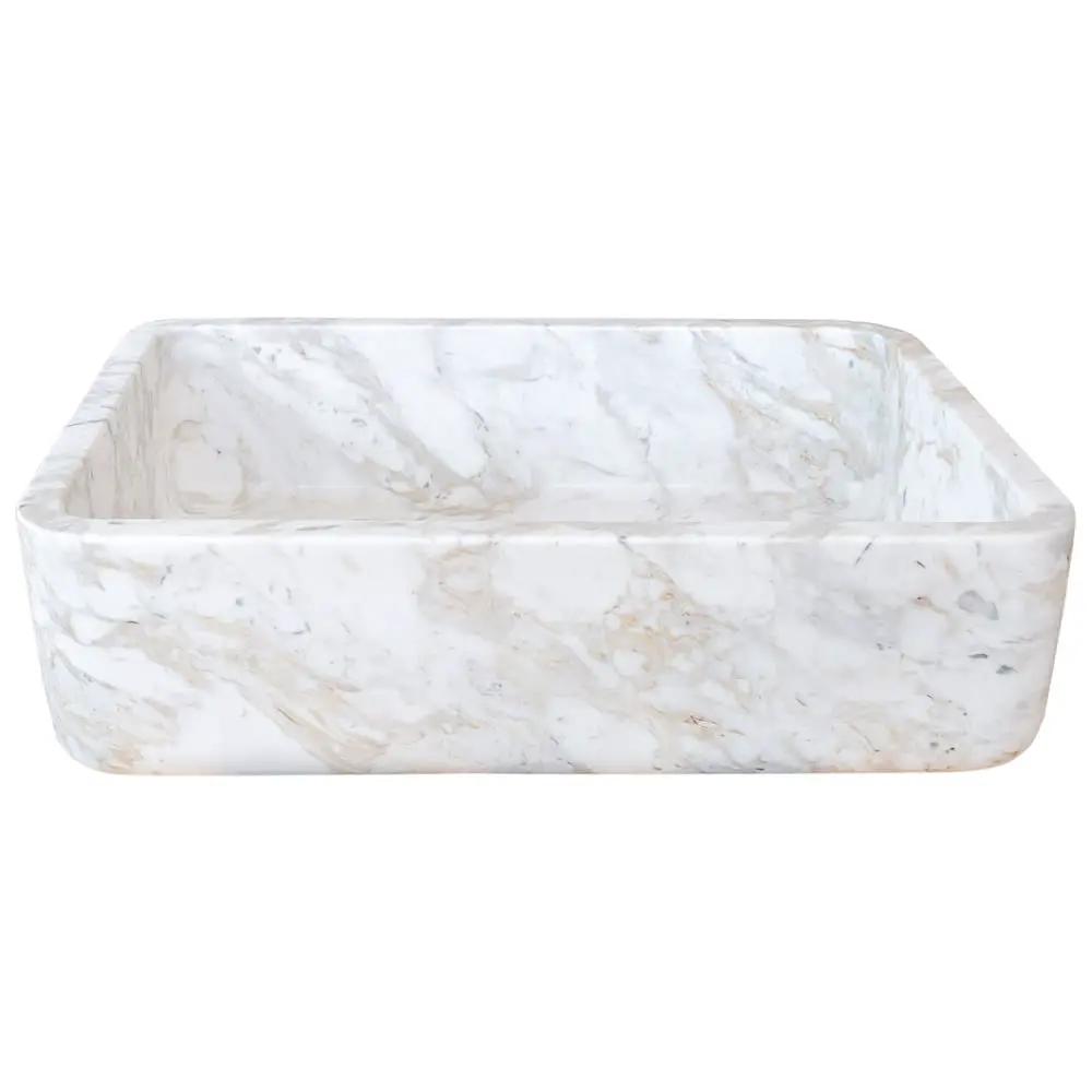 Villohome European Sugar Marble rectangular farmhouse sink, semi-polished white marble with gray veining