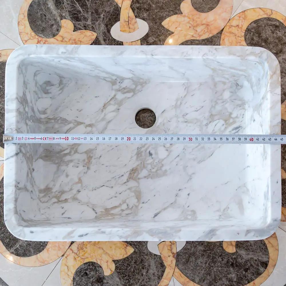 European Sugar Marble rectangular farmhouse sink, Villohome, semi-polished white-gray marble.