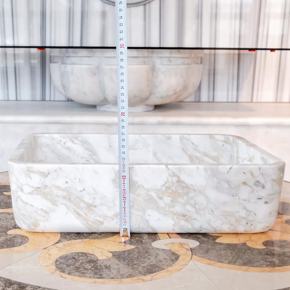 European Sugar Marble rectangular farmhouse sink by Villohome, semi-polished white marble.