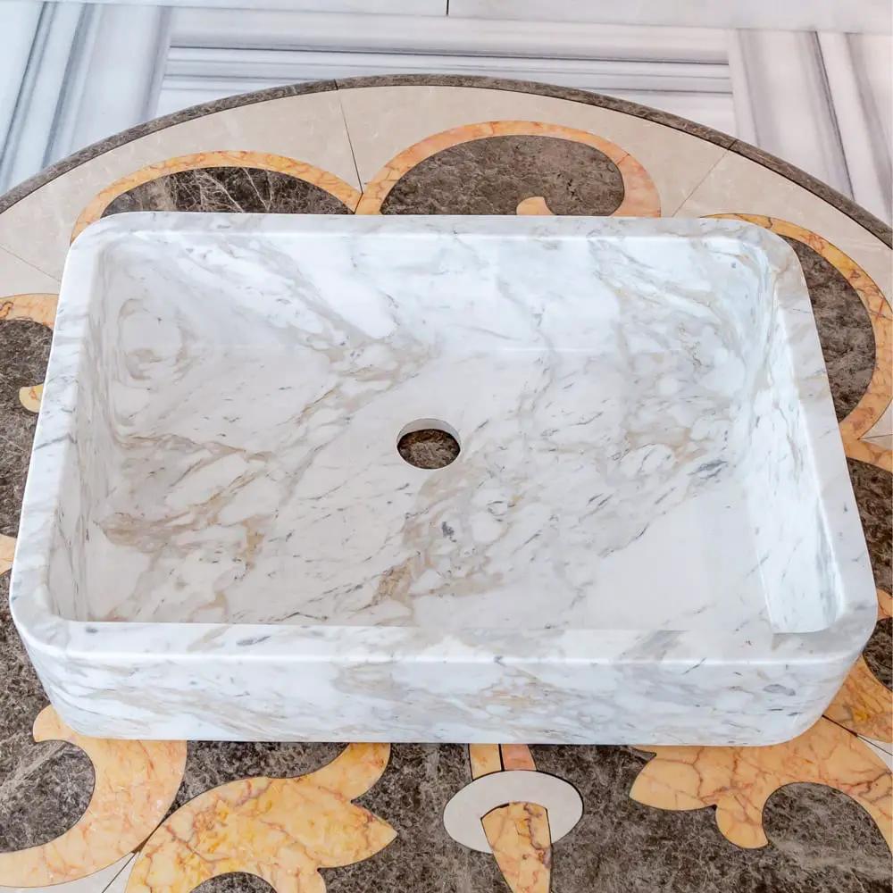European Sugar Marble rectangular farmhouse sink, semi-polished white marble with gray veining, W12.5 x L18 x H5