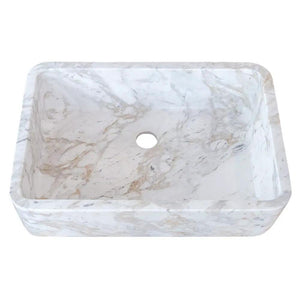 European Sugar Marble rectangular farmhouse sink by Villohome, white with beige veining, 18 x 12.5 in, semi-polished