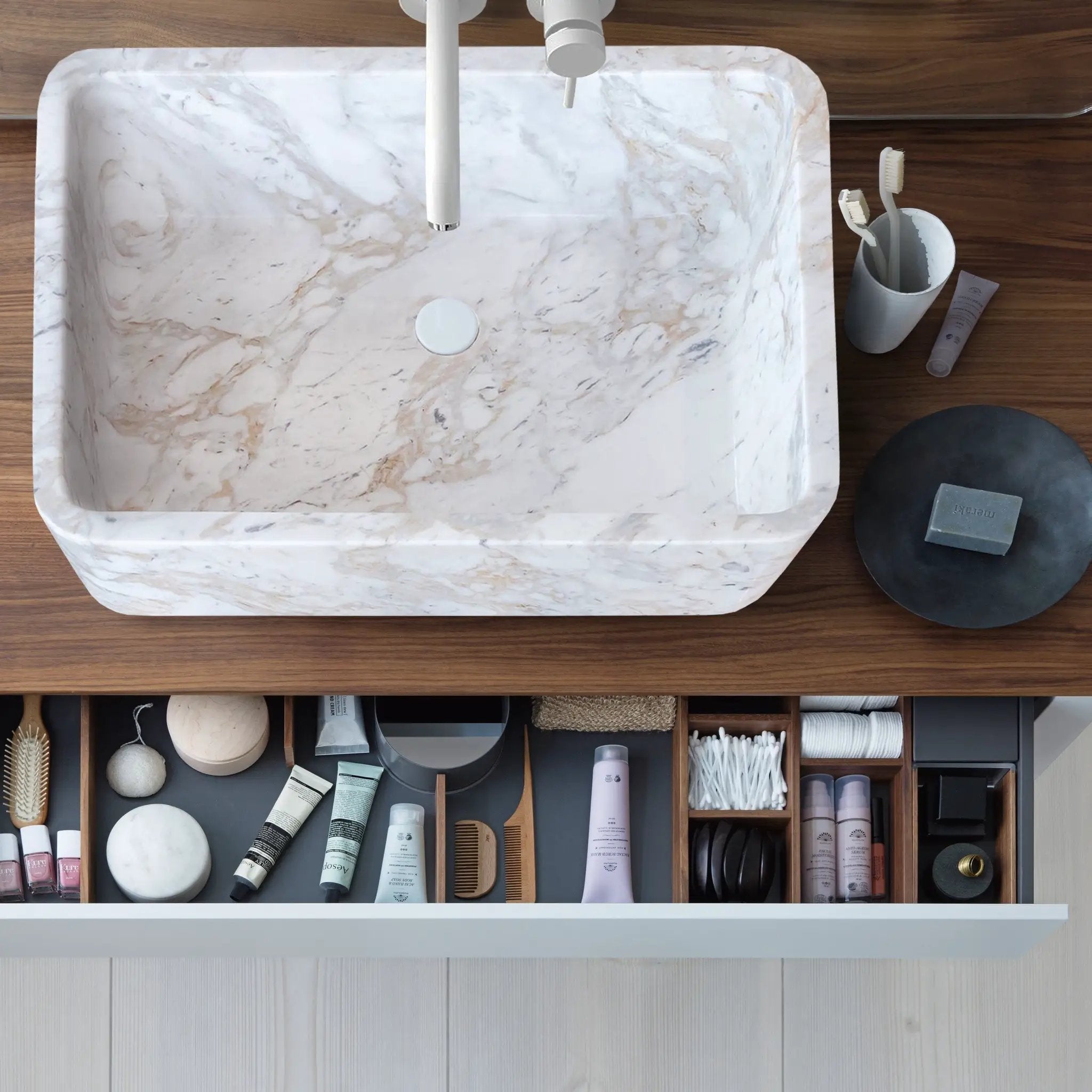 European Sugar Marble rectangular farmhouse sink by Villohome, semi-polished, 12.5W x 18L x 5H inches