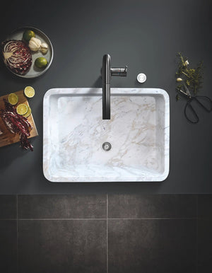 Villohome European Sugar Marble rectangular farmhouse sink in semi-polished white marble finish.