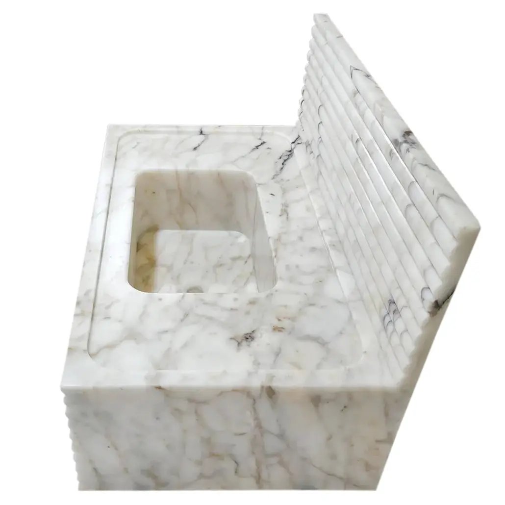 Calacatta Viola gold marble wall-mount bathroom sink by Villohome with horizontal fluted back panel