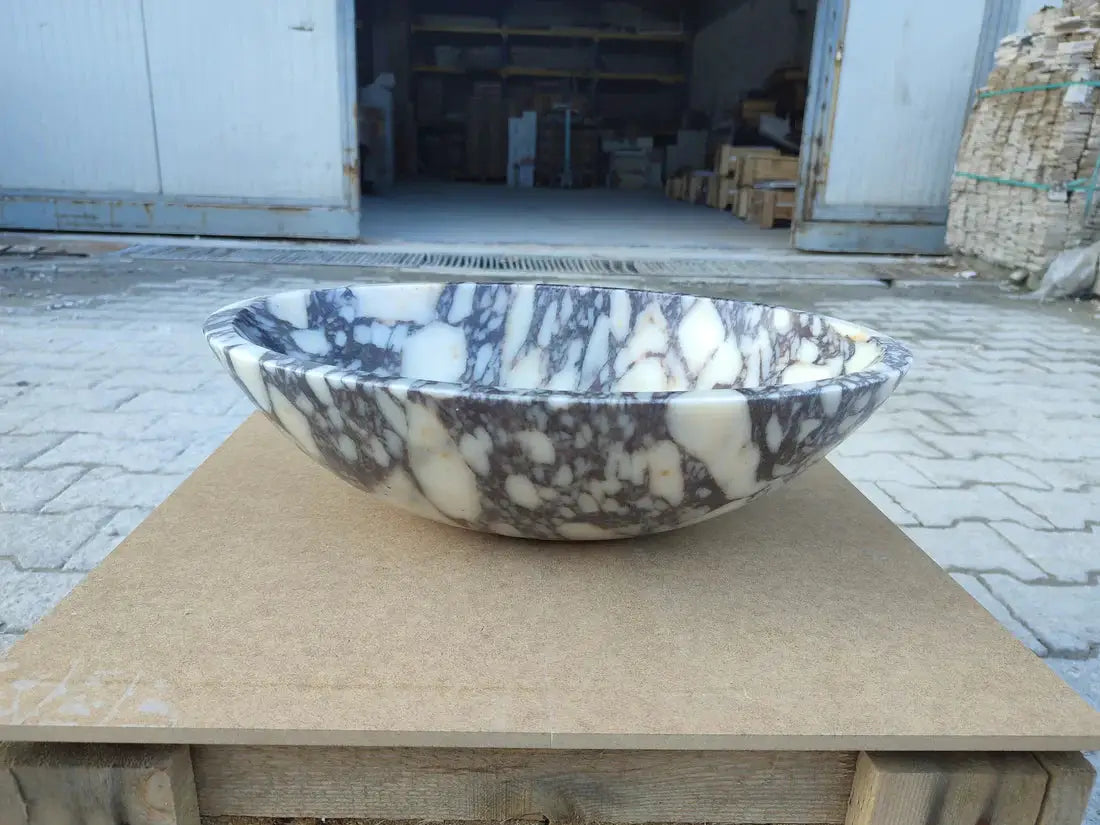 Calacatta Viola marble oval bathroom sink by Villohome, white with purple veining, 18x14x5 in.