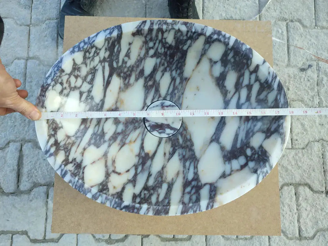 Calacatta Viola marble oval bathroom sink by Villohome, purple-gray veining, 18 in wide
