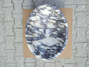 Calacatta Viola marble oval bathroom sink with purple-gray veining