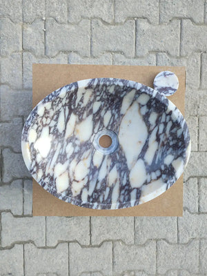 Calacatta Viola marble oval bathroom sink by Villohome, white with purple veining and central drain hole.