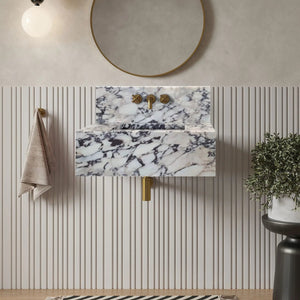 Calacatta Viola marble rectangular wall-mount bathroom sink with 10-inch backsplash and brass faucet