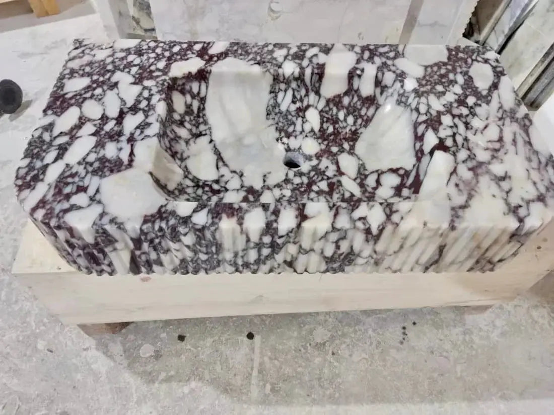 Calacatta Viola marble vessel sink by Villohome with ribbed textured front, 18x32 in