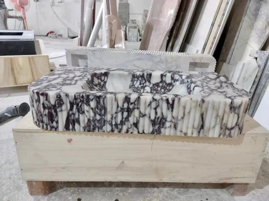 Villohome Calacatta Viola marble wall-mount bathroom vanity sink with ribbed textured front
