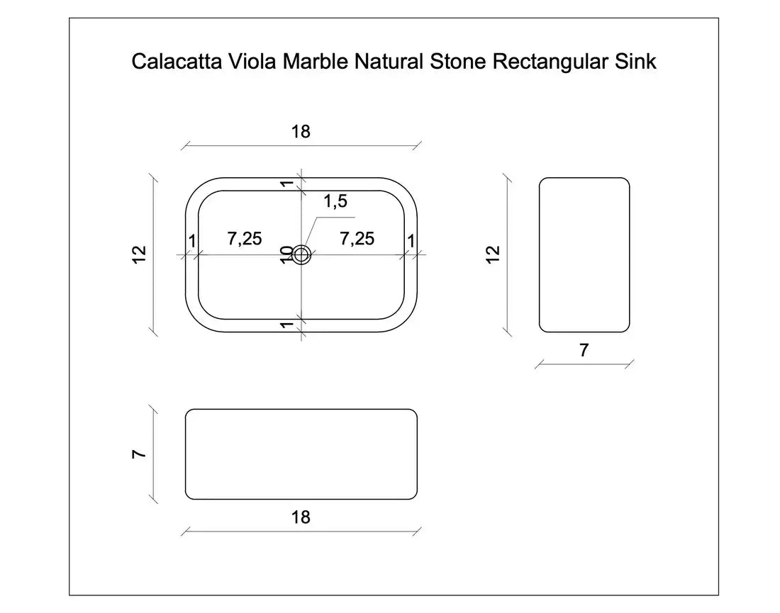 Calacatta Viola marble rectangular wall-mount bathroom sink by Villohome, 18 x 12 x 7 in; blueprint diagram.