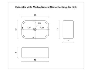 Calacatta Viola marble rectangular wall-mount bathroom sink by Villohome, 18 x 12 x 7 in; blueprint diagram.