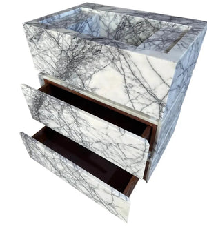 Calacatta Viola marble stand-alone drawer sink by Villohome, white with gray veining, three-drawer vanity