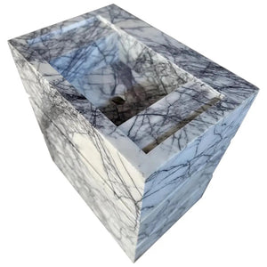 Calacatta Viola marble stand-alone drawer sink with square inner basin and gray veining.