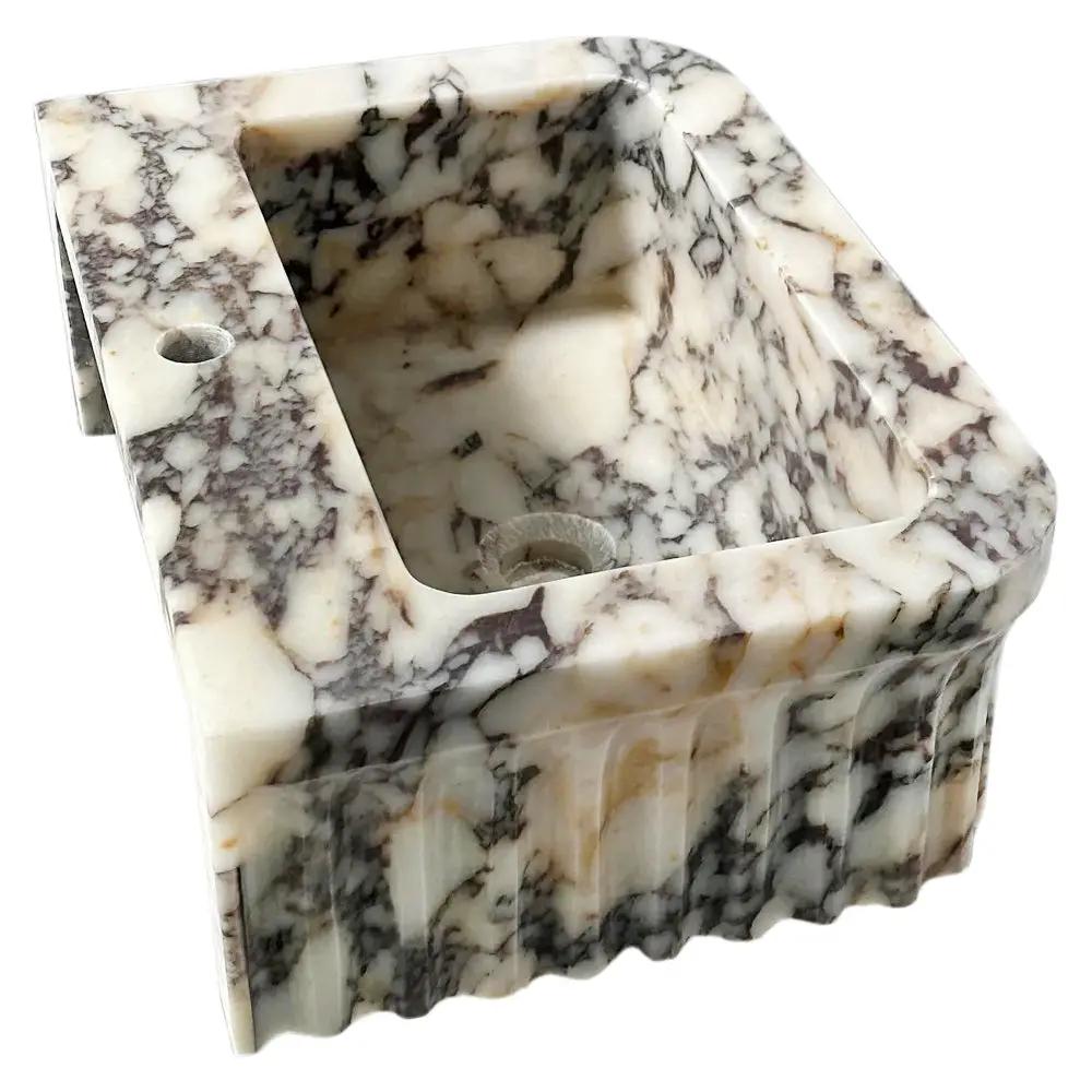 Calacatta Viola marble wall-mount bathroom vanity sink with fluted base, 15x22x8 inches, Villohome.
