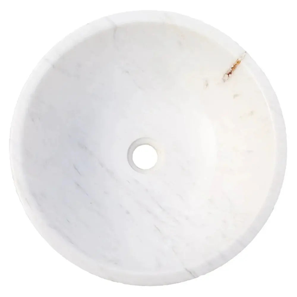 Calacatta White Marble Vessel Sink; round white basin with gray veining for bathroom vanity.