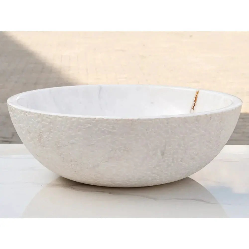 Villohome Calacatta White Marble Vessel bathroom sink with rough exterior, 16 in diameter