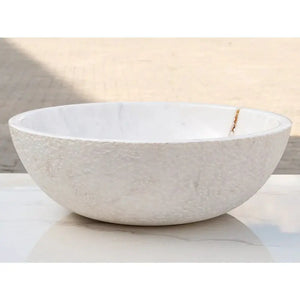Villohome Calacatta White Marble Vessel bathroom sink with rough exterior, 16 in diameter