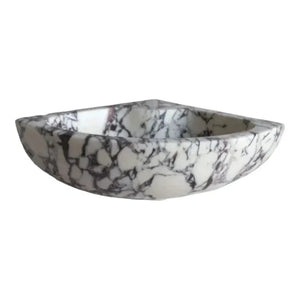 Calacatta Viola marble wall-mount corner bathroom sink by Villohome, white with gray veining, 12x12x6 inches.