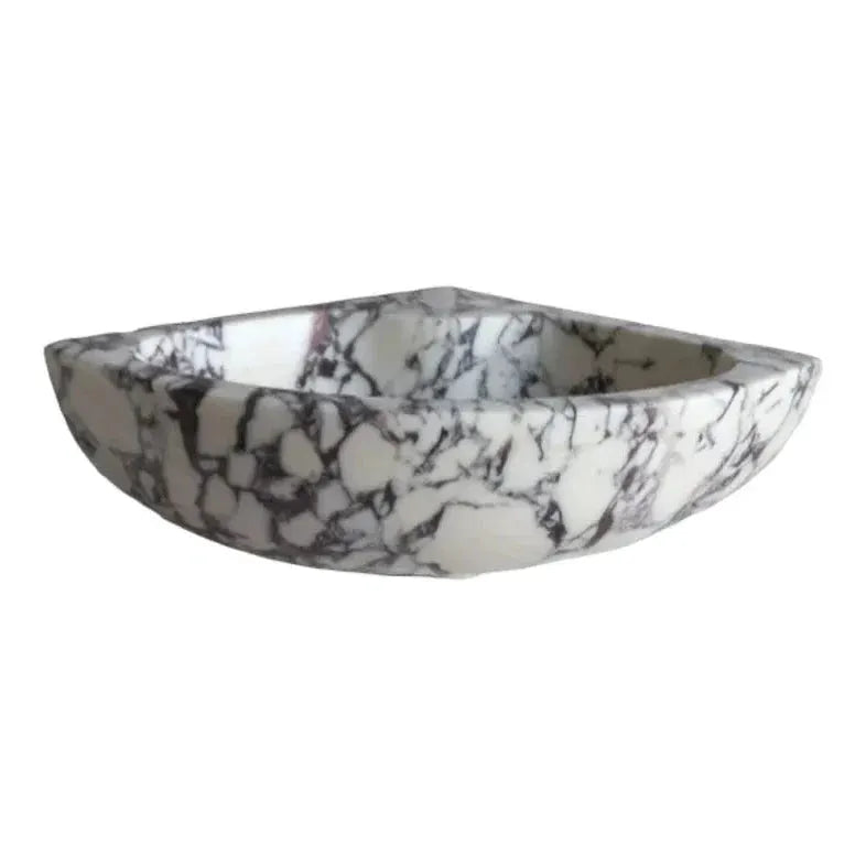 Calacatta Viola marble wall-mount corner bathroom sink by Villohome, white with gray veining, 12x12x6 inches.