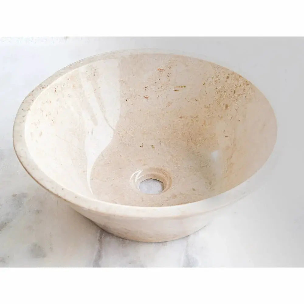Cappuccino beige marble V-shape tapered above-vanity bathroom sink, polished, 16 in diameter, 6 in high