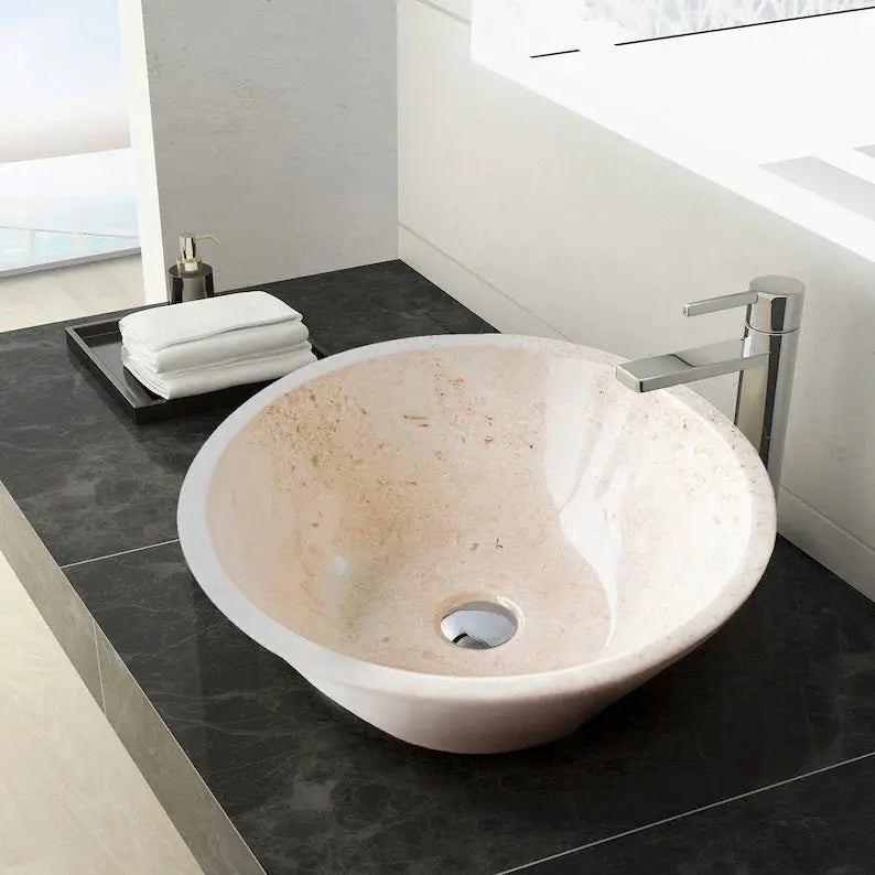 Cappuccino beige marble round vessel stone sink for above-vanity bathroom, with chrome faucet