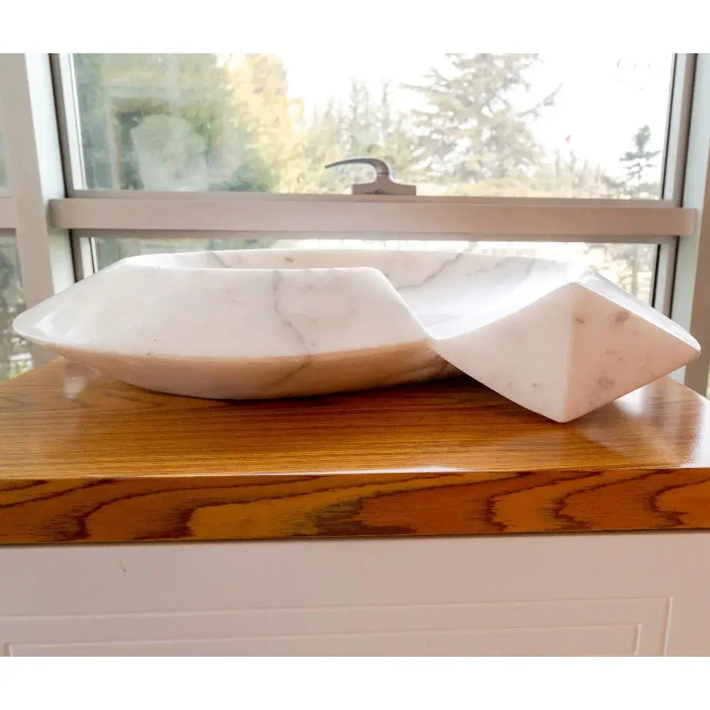Carrara marble helix vanity sink vessel, polished white stone, 20x23x4 in