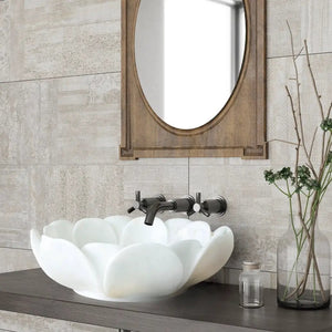 Carrara white marble flower-shaped bathroom sink, above-counter, polished finish, 17 in diameter by 6 in high