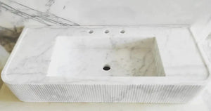 Carrara white marble wall-mount bathroom vanity by Villohome with ribbed front, 38in L x 16in W, three faucet holes