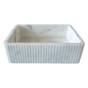 Carrara white marble wall-mount sink with ribbed exterior; rectangular basin, 16 or 24 inch widths, 6 inch height
