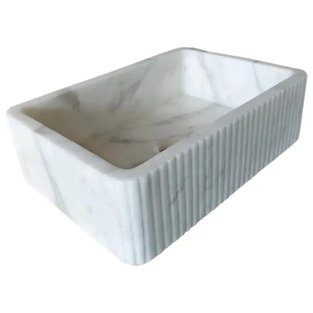 Carrara white marble wall-mount bathroom sink by Villohome, ribbed exterior, rectangular basin.
