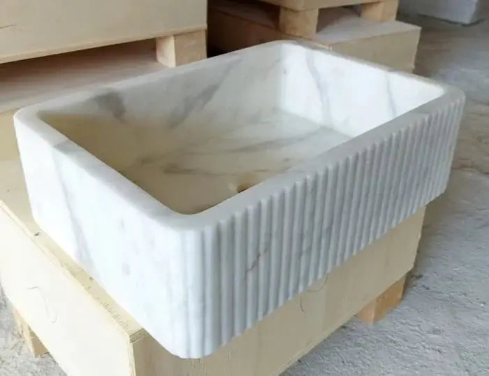 Carrara white marble wall-mount bathroom sink with ribbed exterior, 16 or 24 in wide, Villohome.