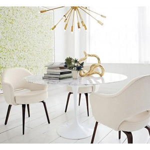 Marble dining table, round white top with a polished, eased edge