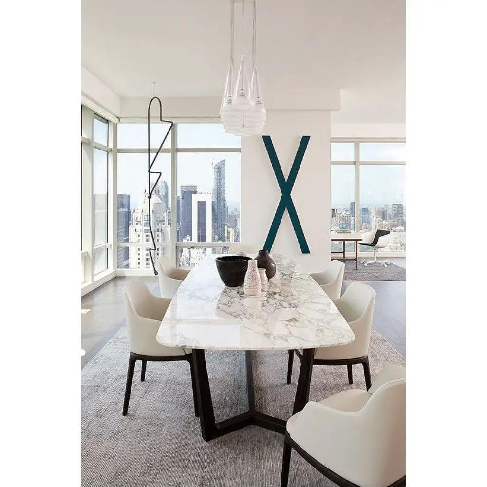 Marble dining table, rectangular with polished white marble, gray veining, eased edge, dark metal legs.