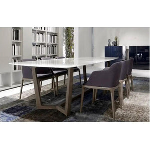 Villohome marble dining table, rectangular with polished white marble top and eased edge, wooden angled legs