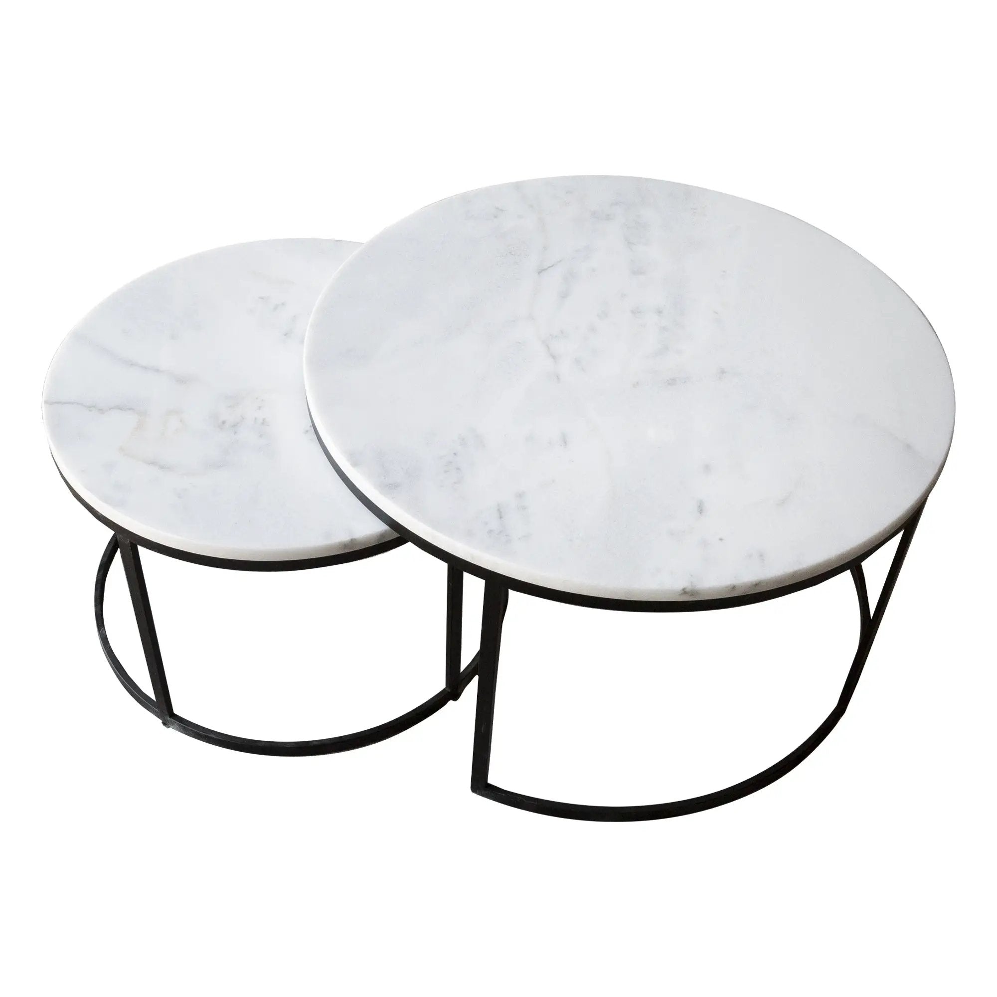 Carrara white marble nesting coffee tables by Villohome, round set of 2, polished with black metal legs.