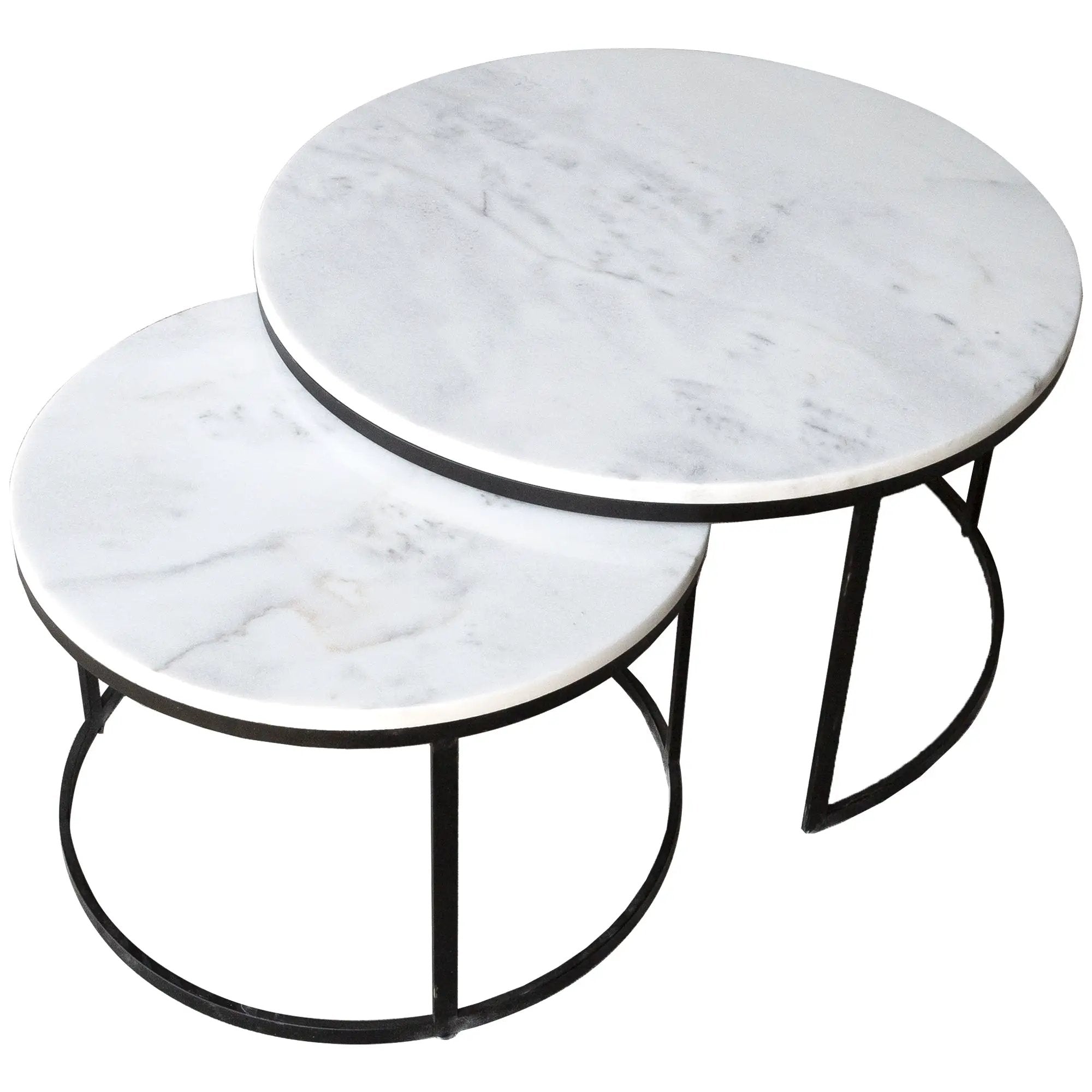 Carrara White Marble Nesting Coffee Tables, round set of 2 with black metal frames by Villohome.