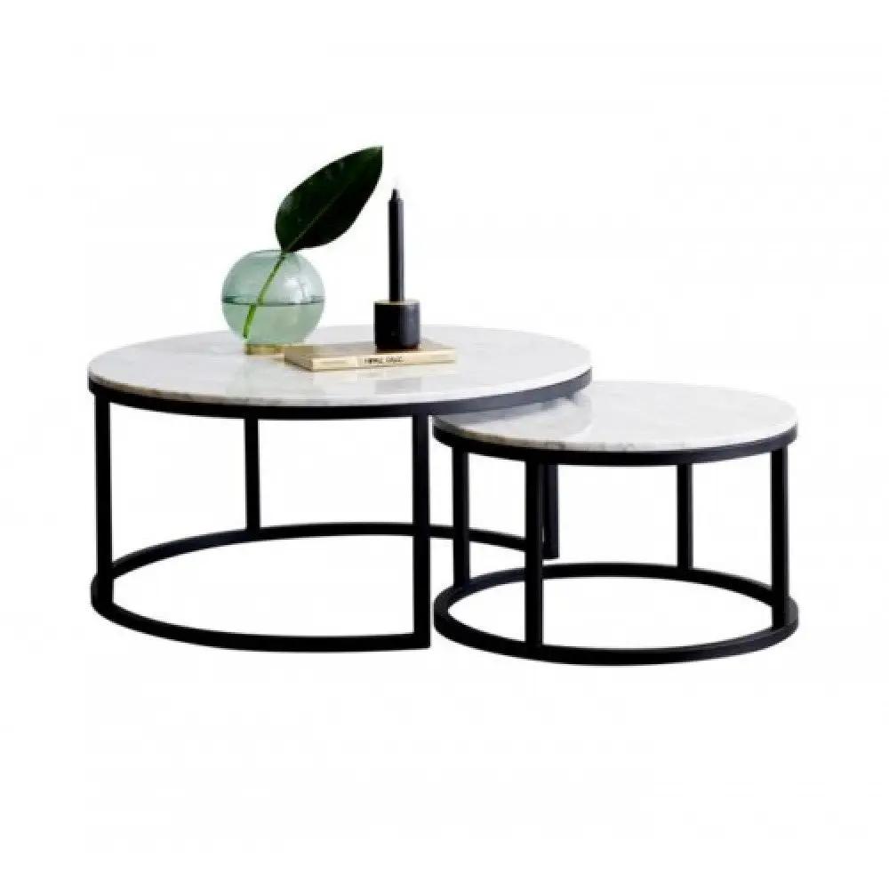 Nesting coffee tables by Villohome, Carrara white marble, round set of 2 with polished tops and black metal frames