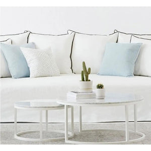 Carrara White Marble Nesting Coffee Tables set of 2 with round tops and white metal frames