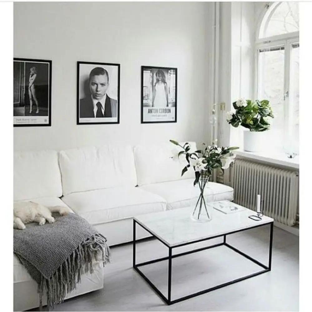 Marble Coffee Table by Villohome, rectangular polished marble top with eased edges on a black metal frame