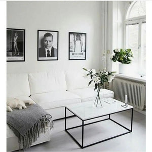 Marble Coffee Table by Villohome, rectangular polished marble top with eased edges on a black metal frame