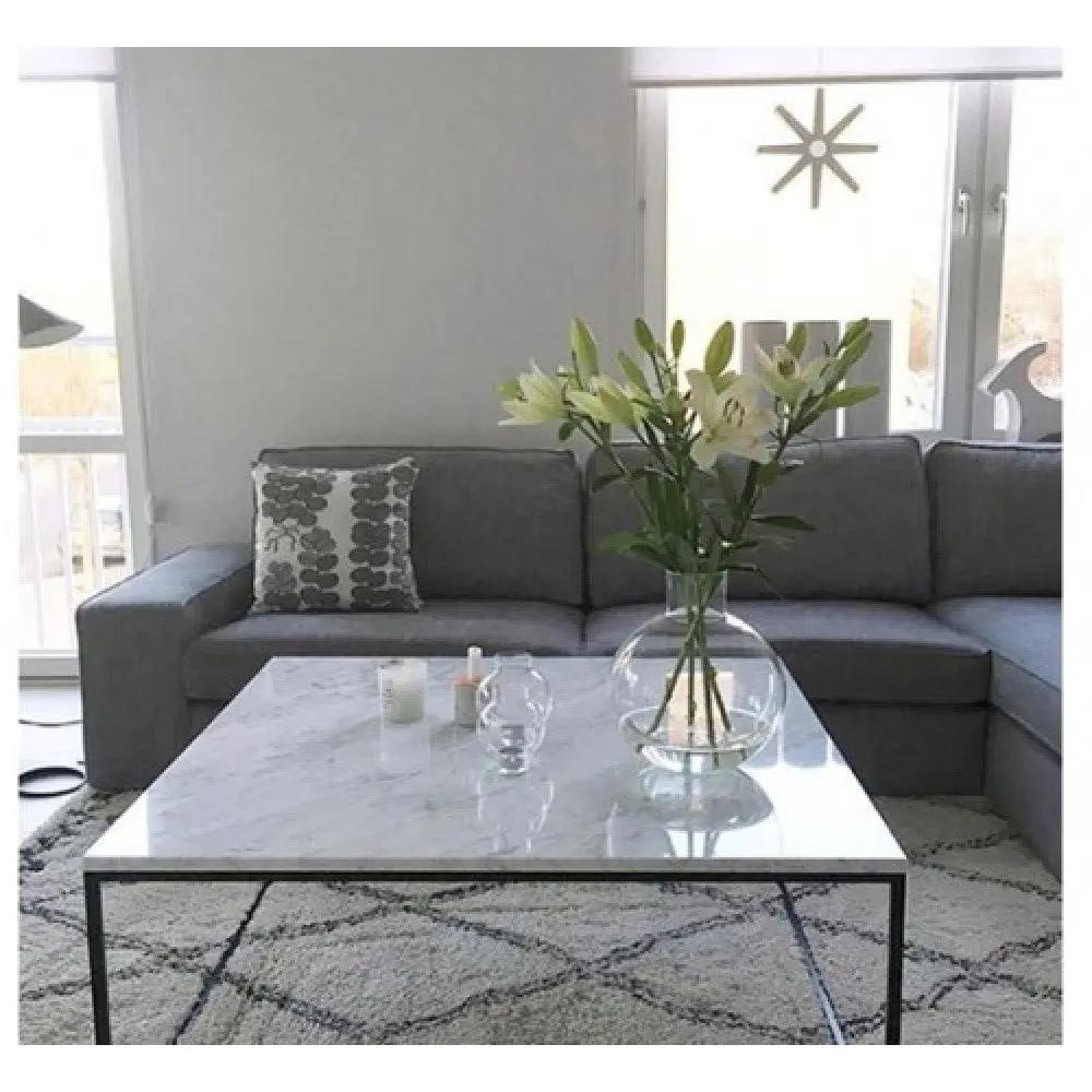 Marble square coffee table with polished top and metal frame