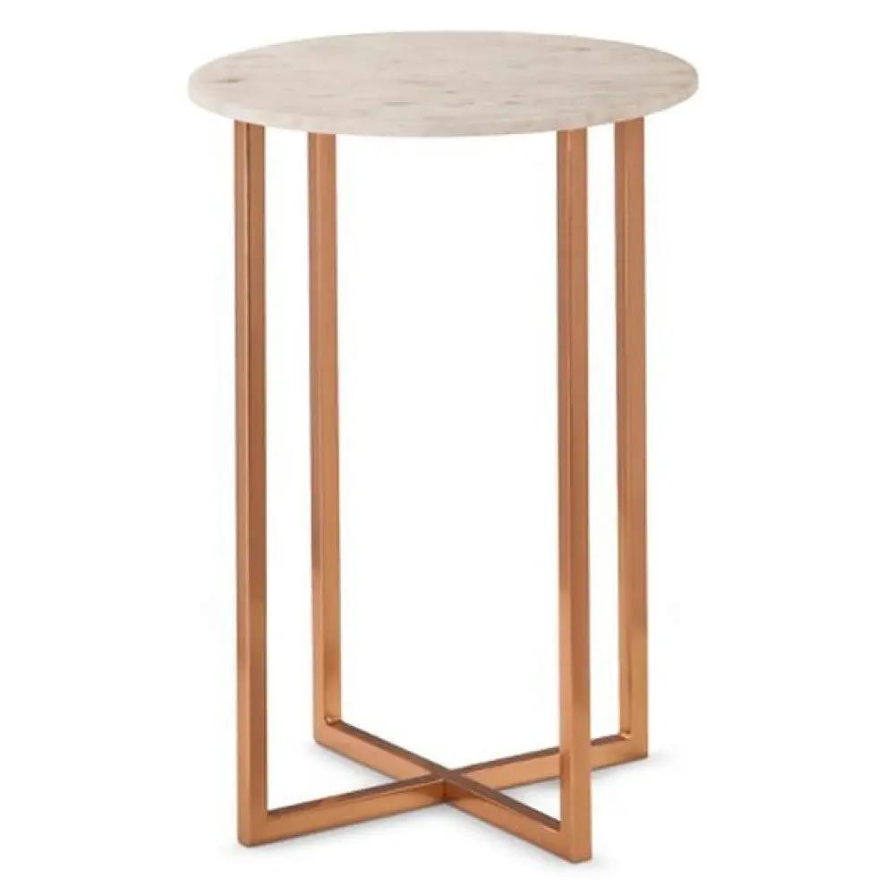 Villohome Carrara white marble round end table with copper-toned metal frame.