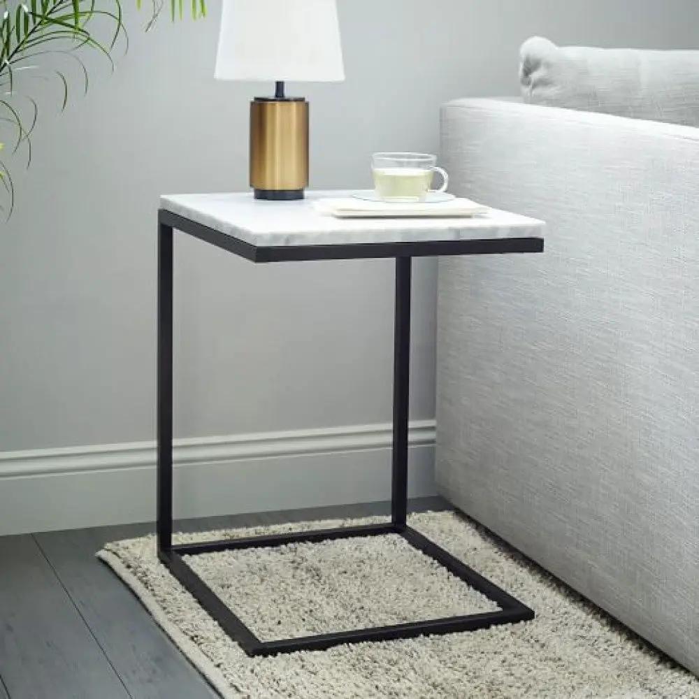 Carrara White Marble end table by Villohome with square polished top and black metal frame.
