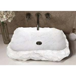 Stone sink, Carrara marble, rustic rectangular with rough edge for above-counter bathroom vanity.