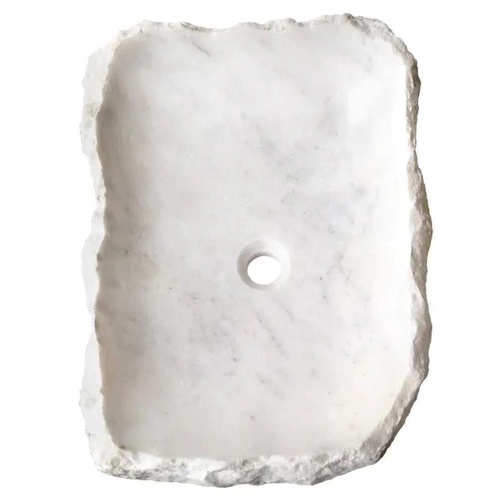 Stone sink Carrara marble rectangular rustic vanity top with rough edges and central drain hole