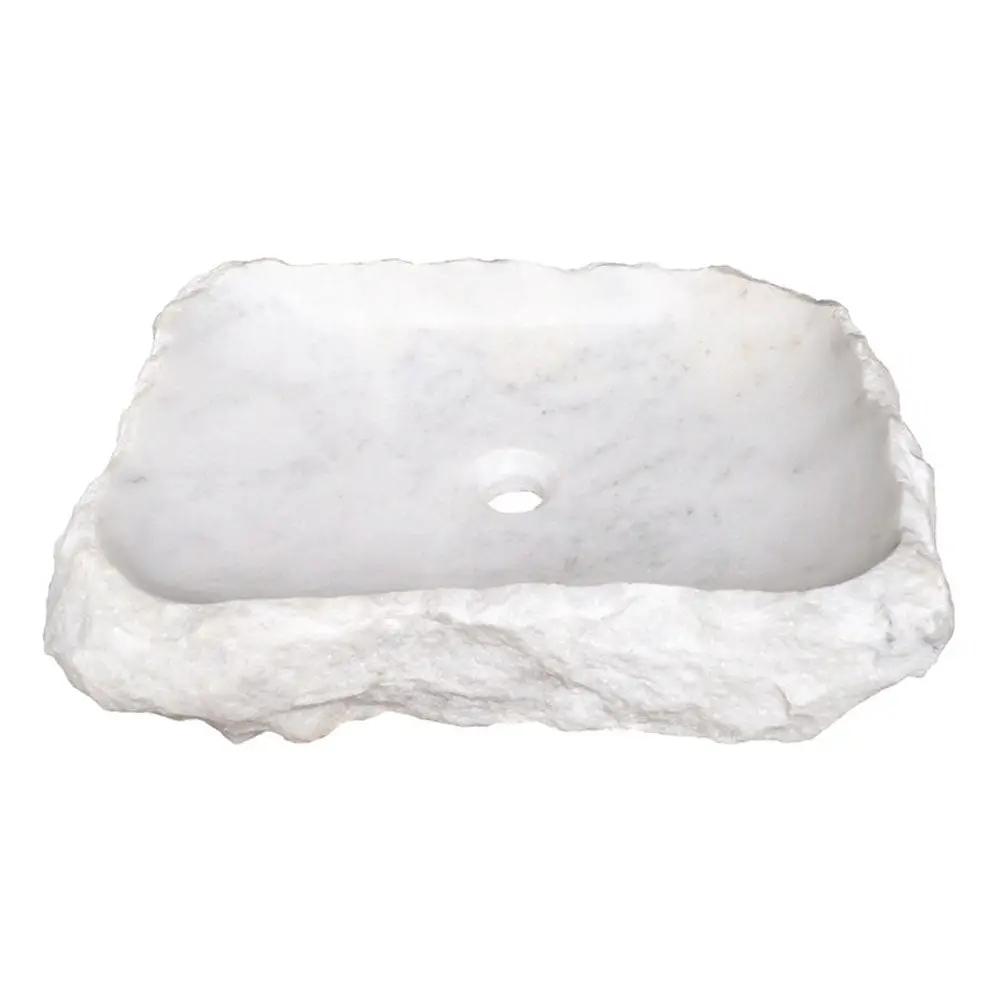 Carrara marble bathroom sink above-vanity by Villohome; rustic rectangular natural stone with rough edges and drain