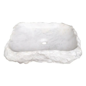 Carrara marble bathroom sink above-vanity by Villohome; rustic rectangular natural stone with rough edges and drain